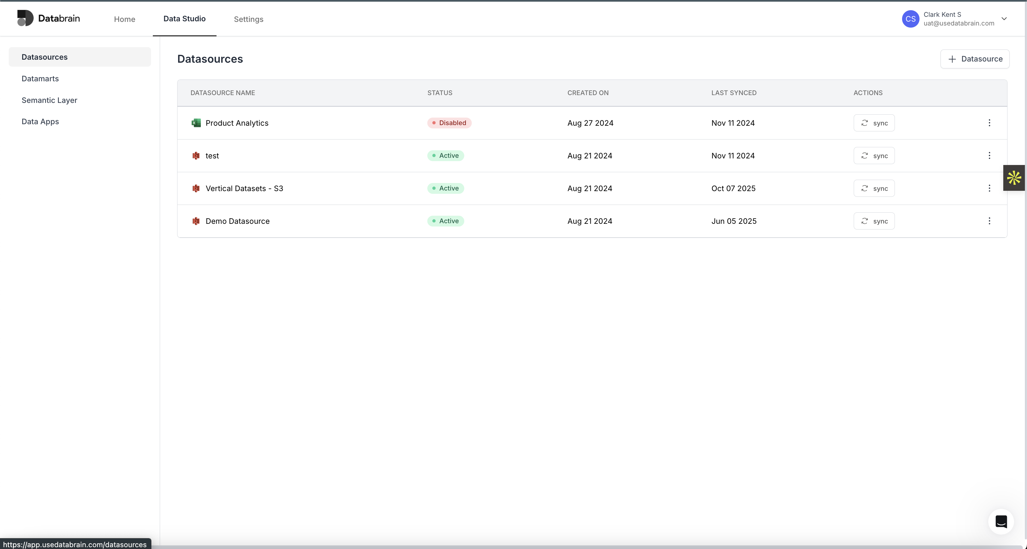 Databrain 데이터 소스 메뉴