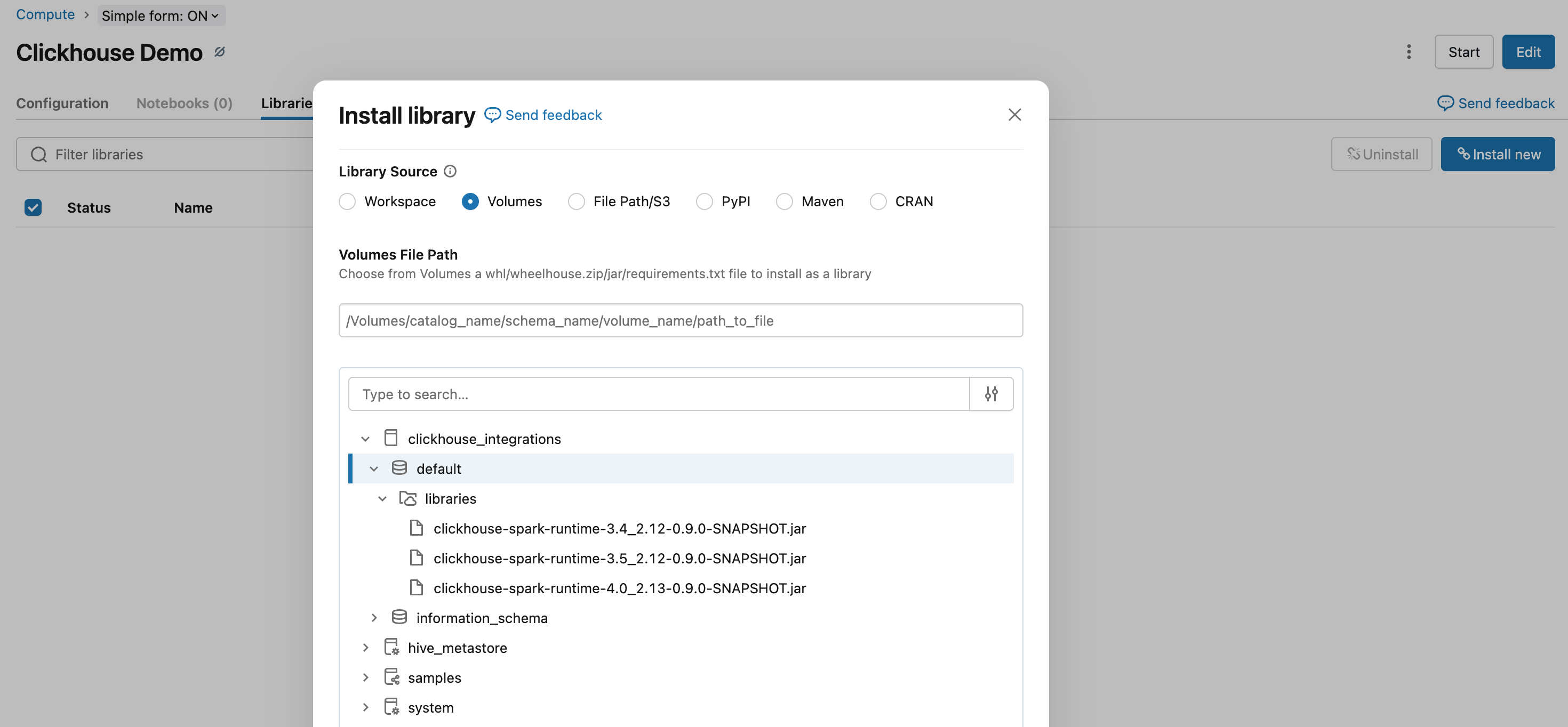 워크스페이스 볼륨에서 라이브러리 설치