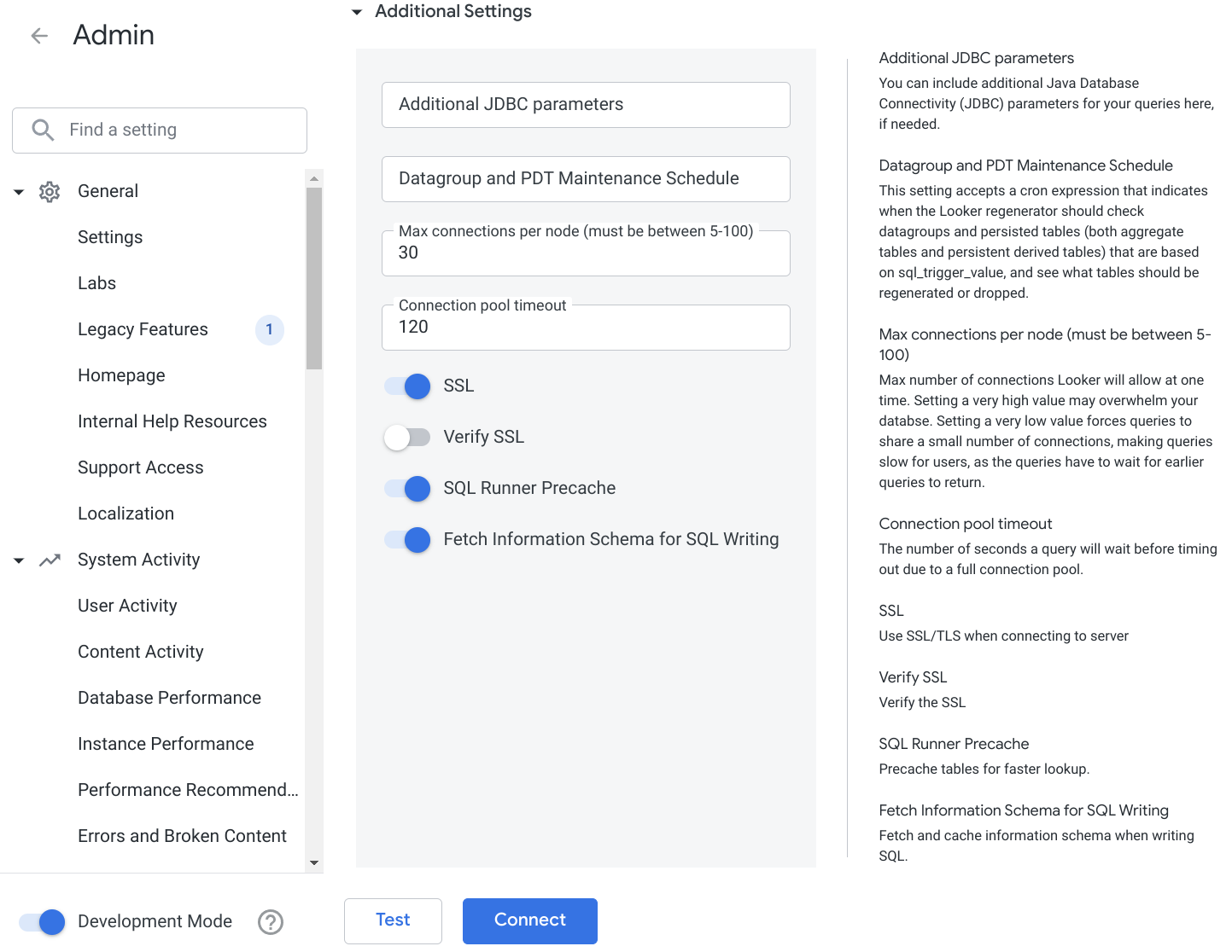 Looker 설정에서 ClickHouse 연결을 위해 SSL을 활성화하는 화면