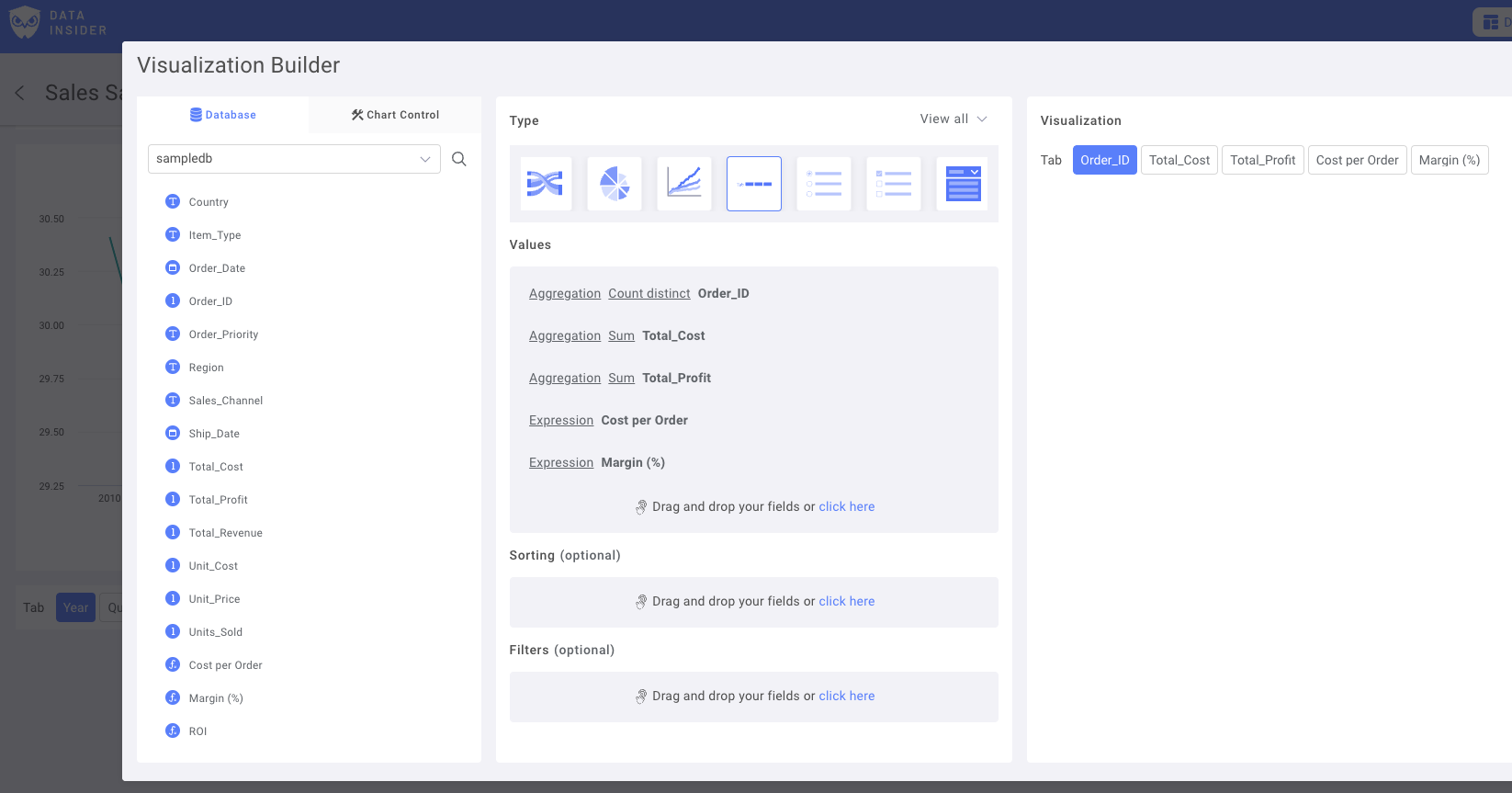 선택된 필드와 집계 설정이 표시된 Rocket BI 메트릭 컨트롤 구성 패널