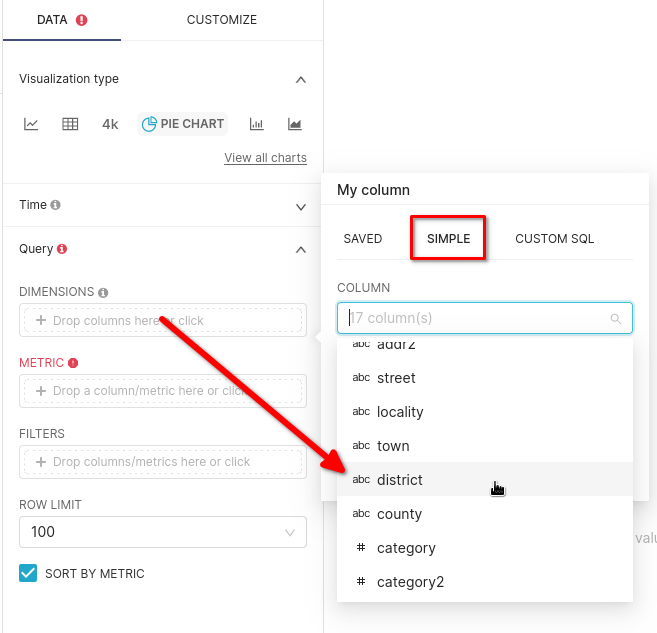 파이 차트용 dimension으로 district 필드를 선택한 Dimension 구성 화면