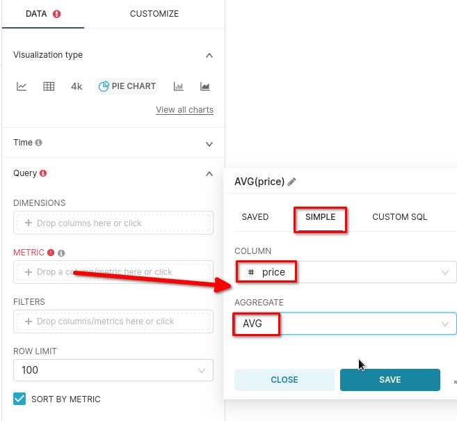 파이 차트용 Metric으로 AVG(price) 집계 함수를 선택한 Metric 구성 화면