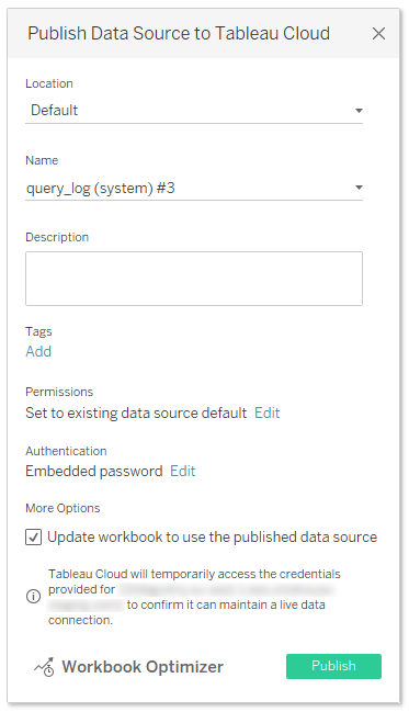 'Update workbook to use the published data source' 옵션이 체크된 Tableau Desktop 게시 대화 상자